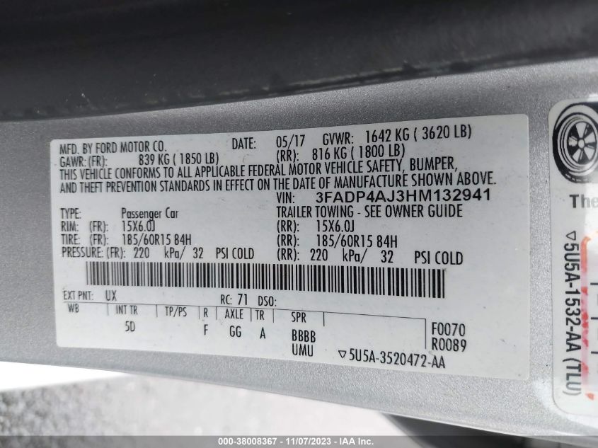 2017 FORD FIESTA S - 3FADP4AJ3HM132941