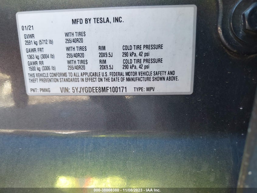 VIN 5YJYGDEE8MF100171 2021 TESLA MODEL Y