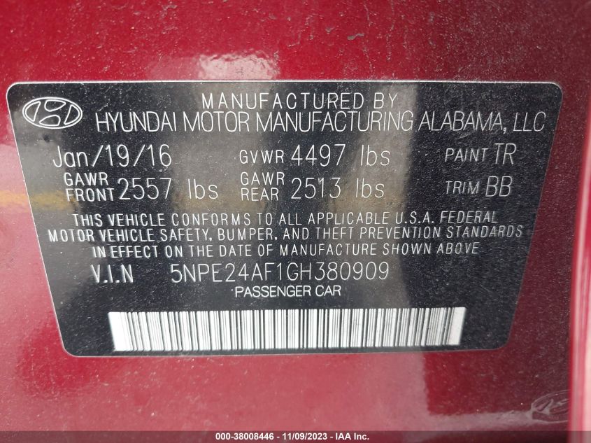 2016 HYUNDAI SONATA SE - 5NPE24AF1GH380909