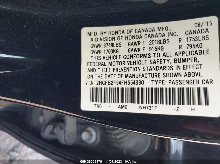 2015 HONDA CIVIC LX - 2HGFB2F54FH554330