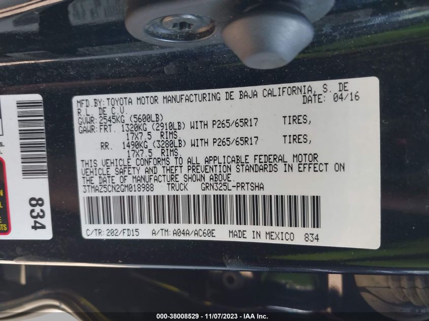 2016 TOYOTA TACOMA DBL CAB/SR5/TRD SPORT/OR - 3TMAZ5CN2GM018988