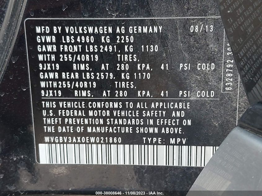 2014 VOLKSWAGEN TIGUAN R-LINE/S/SE/SEL - WVGBV3AX0EW021860