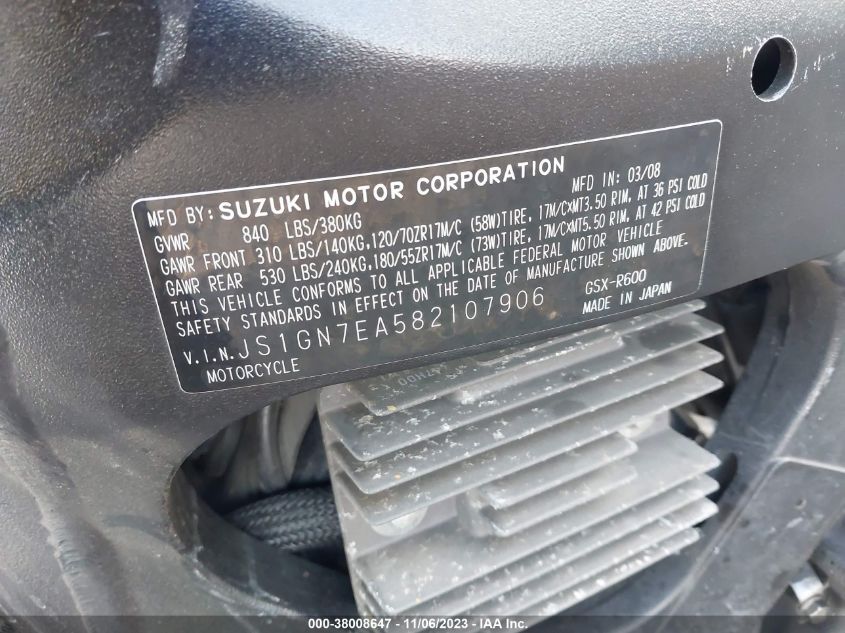 2008 SUZUKI GSX-R600 - JS1GN7EA582107906
