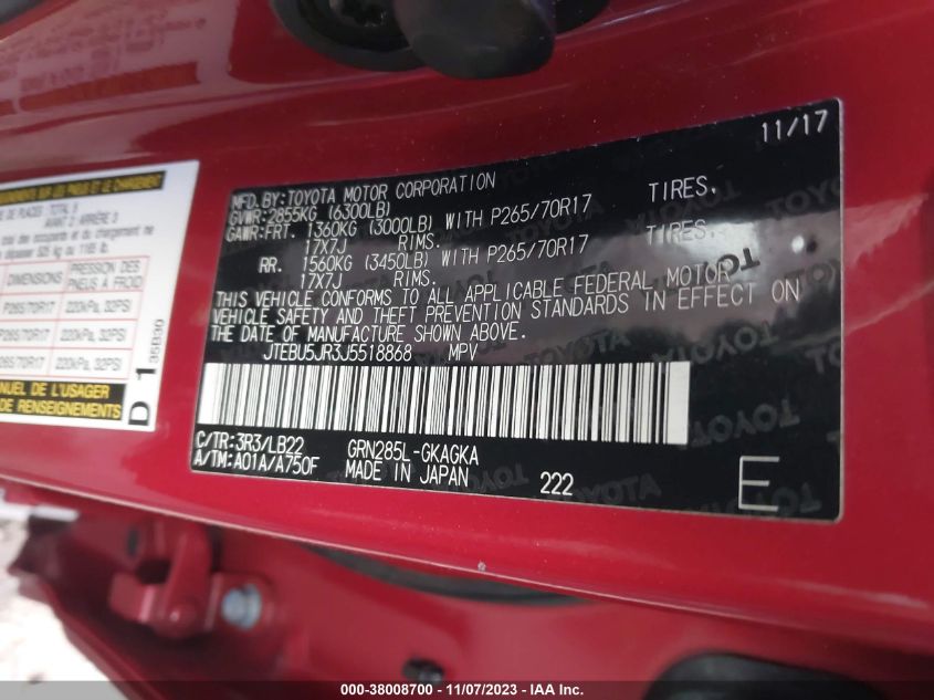 2018 TOYOTA 4RUNNER SR5 - JTEBU5JR3J5518868