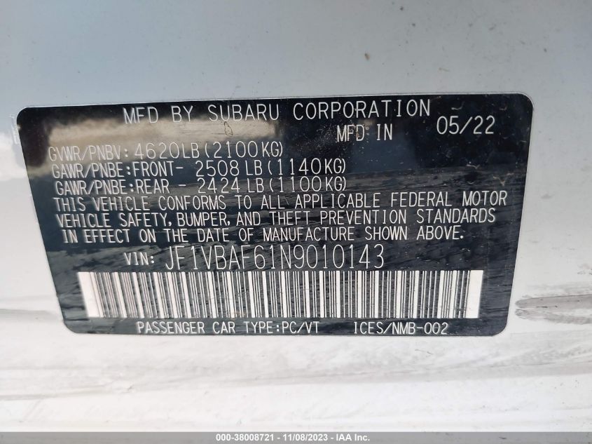 2022 SUBARU WRX PREMIUM - JF1VBAF61N9010143