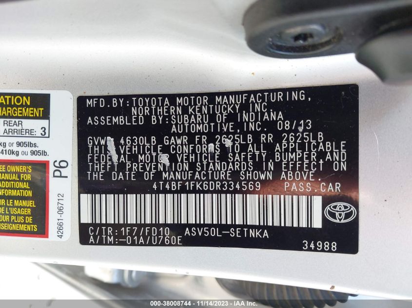 2013 TOYOTA CAMRY L/SE/LE/XLE - 4T4BF1FK6DR334569