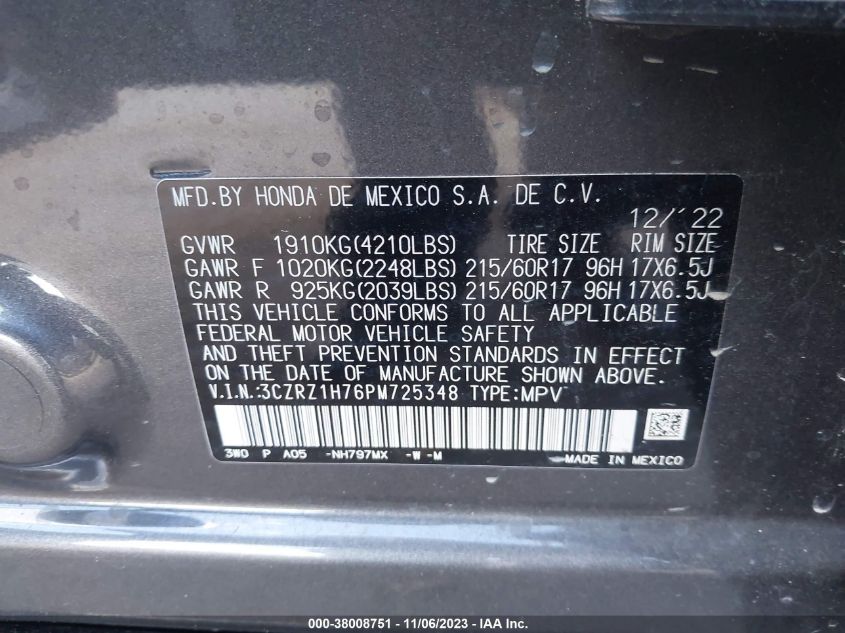 2023 HONDA HR-V 2WD EX-L - 3CZRZ1H76PM725348