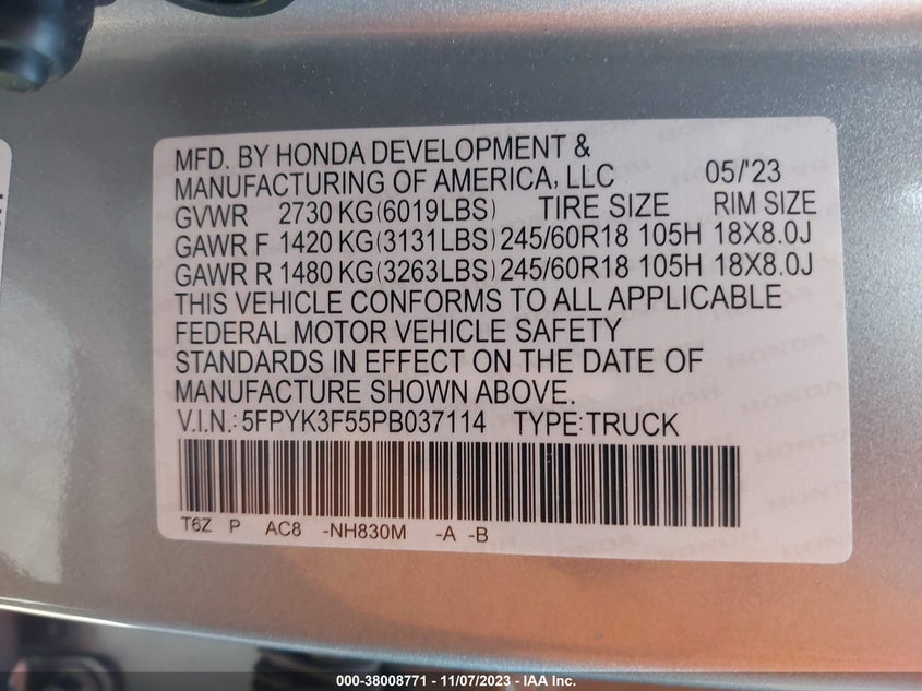 VIN 5FPYK3F55PB037114 2023 HONDA RIDGELINE RTL