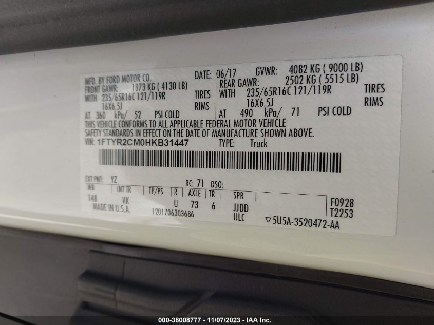 2017 FORD TRANSIT VAN - 1FTYR2CM0HKB31447