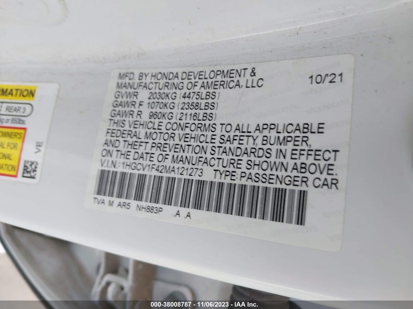 VIN 1HGCV1F42MA121273 2021 HONDA ACCORD SPORT SPECIAL EDITION