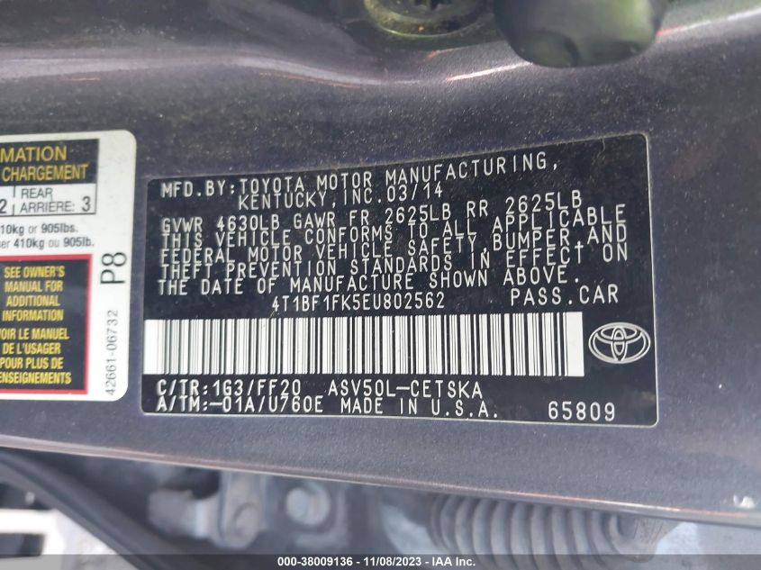 2014 TOYOTA CAMRY L/SE/LE/XLE - 4T1BF1FK5EU802562