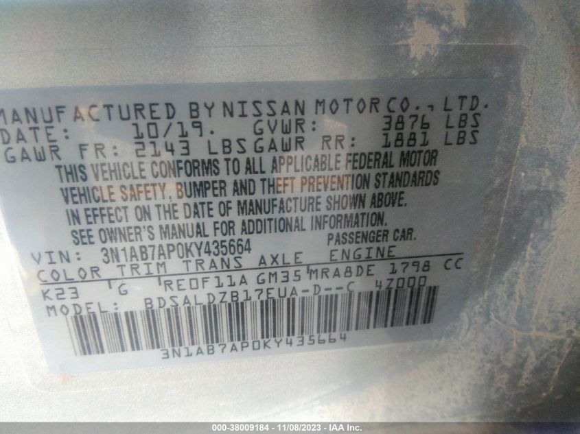 2019 NISSAN SENTRA S/SV/SR/SL - 3N1AB7AP0KY435664