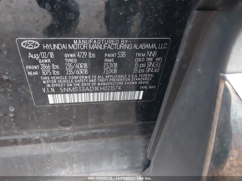 VIN 5NMS33AD1KH021574 2019 HYUNDAI SANTA FE SEL/SEL PLUS