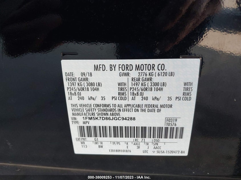 VIN 1FM5K7D86JGC94288 2018 FORD EXPLORER XLT