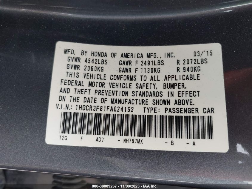 2015 HONDA ACCORD EXL - 1HGCR3F81FA024152