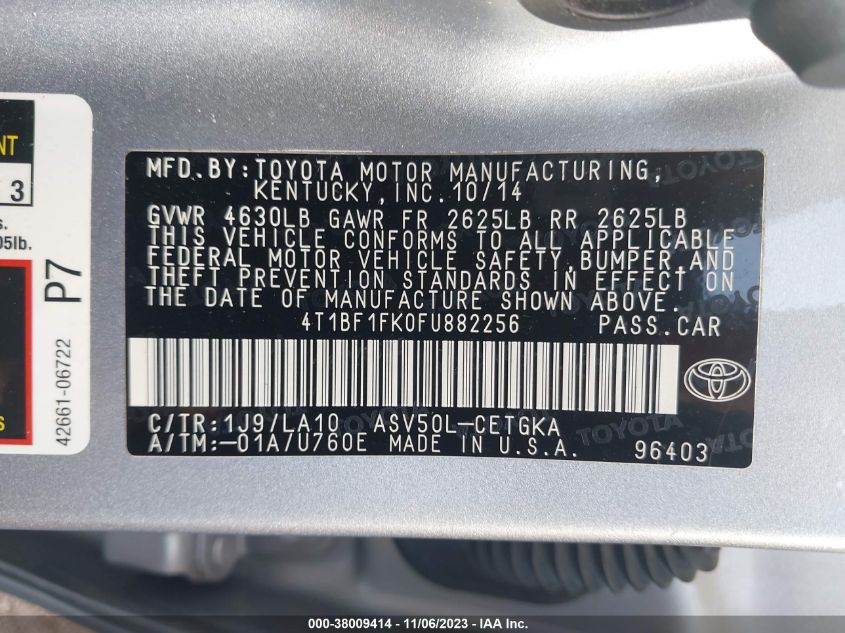 2015 TOYOTA CAMRY XLE - 4T1BF1FK0FU882256