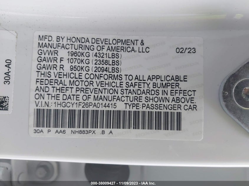 VIN 1HGCY1F26PA014415 2023 HONDA ACCORD LX