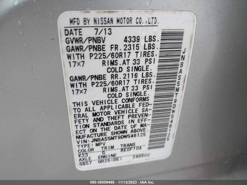 2013 NISSAN ROGUE SV - JN8AS5MT9DW546125
