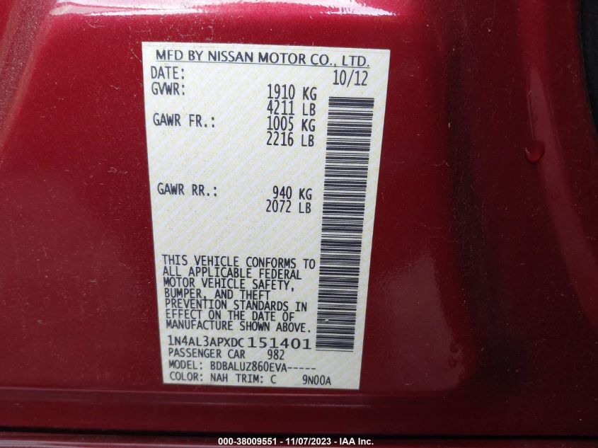 2013 NISSAN ALTIMA 2.5/S/SV/SL - 1N4AL3APXDC151401