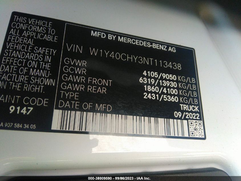 2022 MERCEDES-BENZ SPRINTER 2500 HIGH ROOF I4 W1Y40CHY3NT113438
