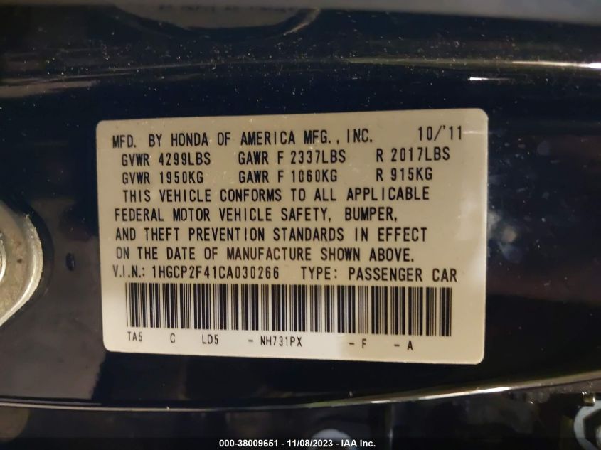 1HGCP2F41CA030266 | 2012 HONDA ACCORD