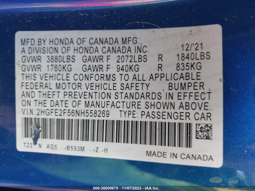 VIN 2HGFE2F56NH558269 2022 HONDA CIVIC SPORT