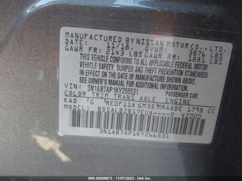 2019 NISSAN SENTRA S/SV/SR/SL - 3N1AB7AP1KY266531
