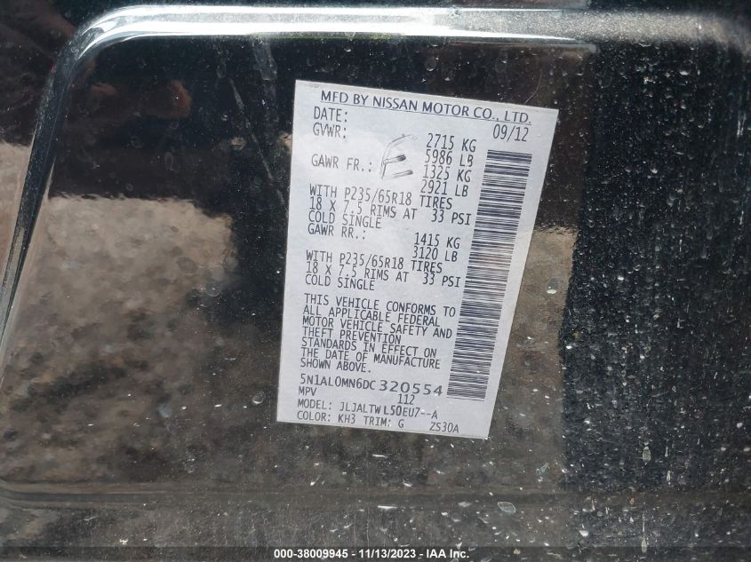 2013 INFINITI JX - 5N1AL0MN6DC320554