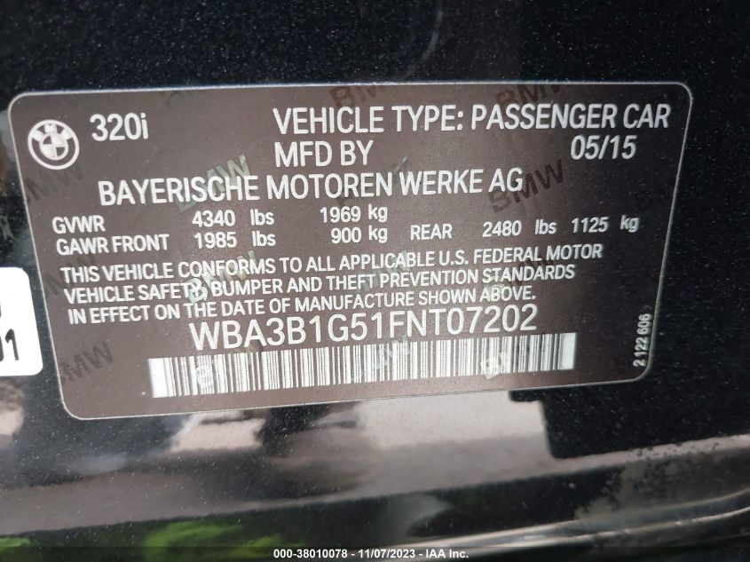 2015 BMW 320I WBA3B1G51FNT07202