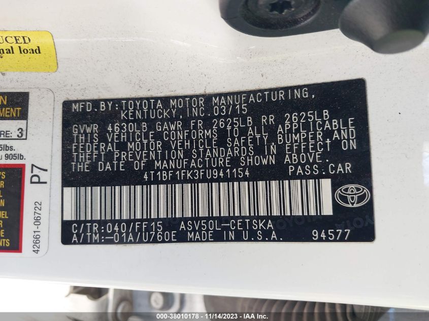 2015 TOYOTA CAMRY LE/XLE/SE/XSE - 4T1BF1FK3FU941154