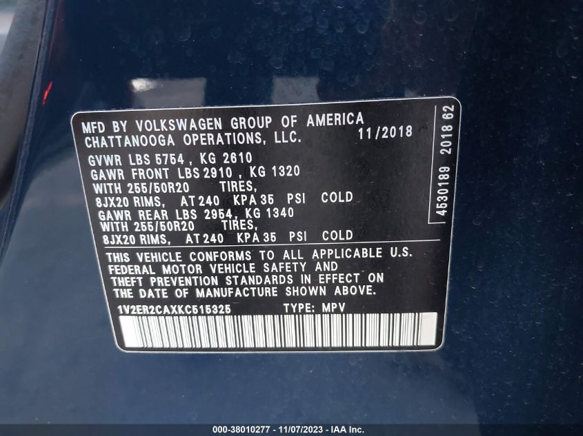 2019 VOLKSWAGEN ATLAS 3.6L V6 SEL - 1V2ER2CAXKC515325