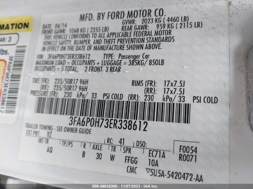 2014 FORD FUSION SE - 3FA6P0H73ER338612