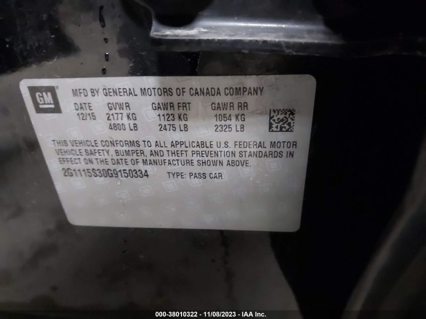2016 CHEVROLET IMPALA LT - 2G1115S30G9150334