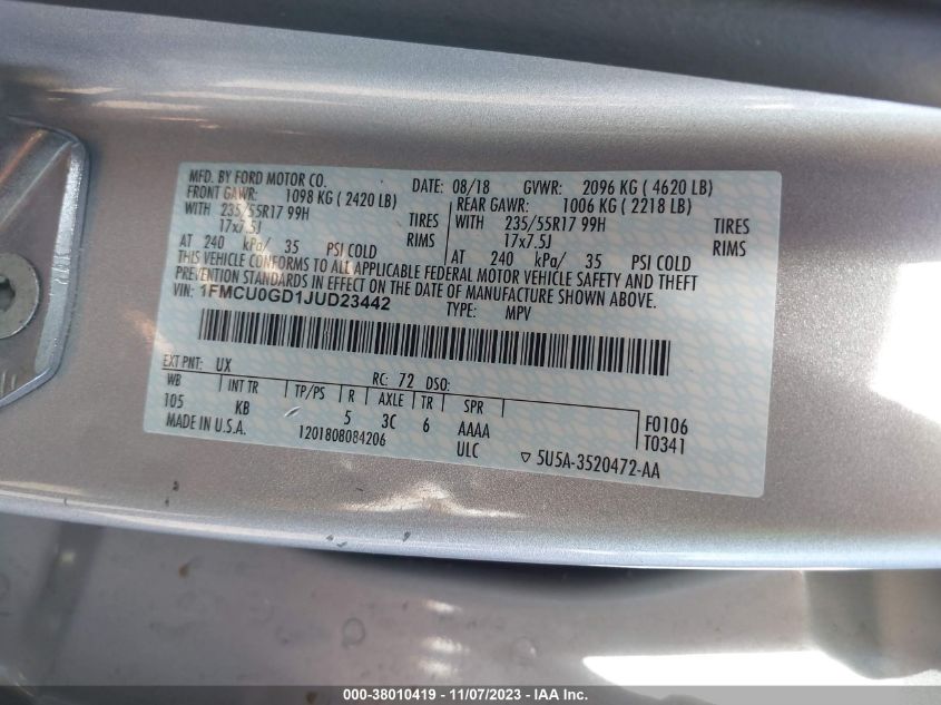 2018 FORD ESCAPE SE - 1FMCU0GD1JUD23442