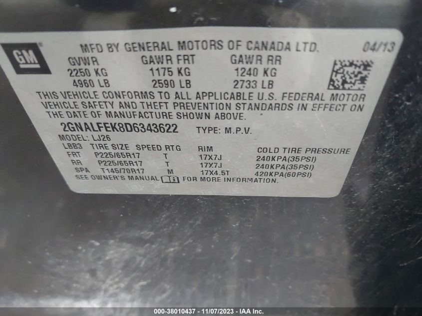 2013 CHEVROLET EQUINOX LTZ - 2GNALFEK8D6343622