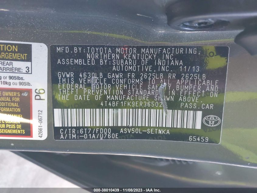 2014 TOYOTA CAMRY L/LE/XLE/SE/SE SPORT - 4T4BF1FK9ER365025