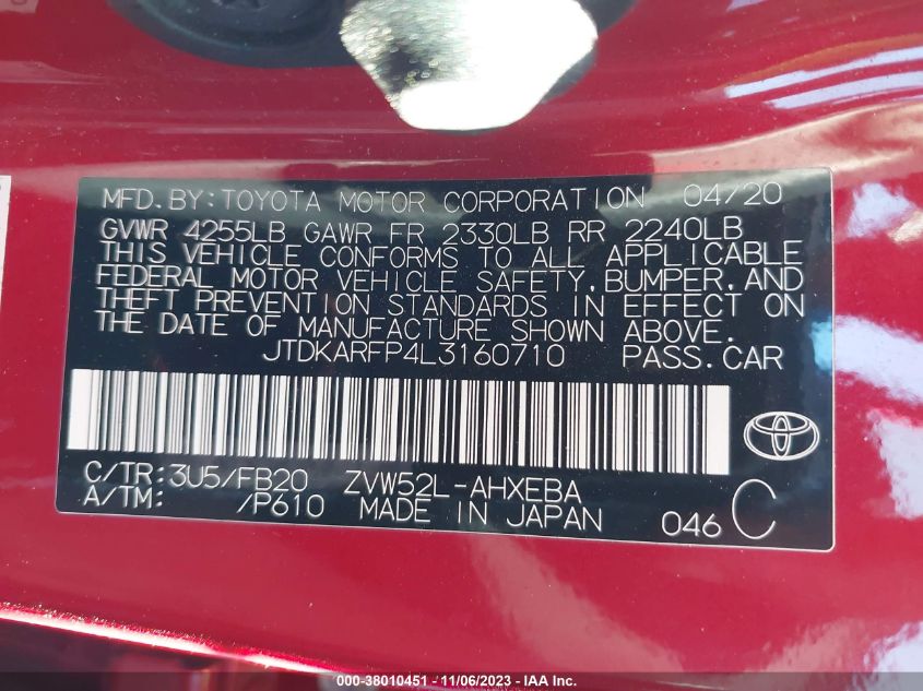 2020 TOYOTA PRIUS PRIME LE - JTDKARFP4L3160710