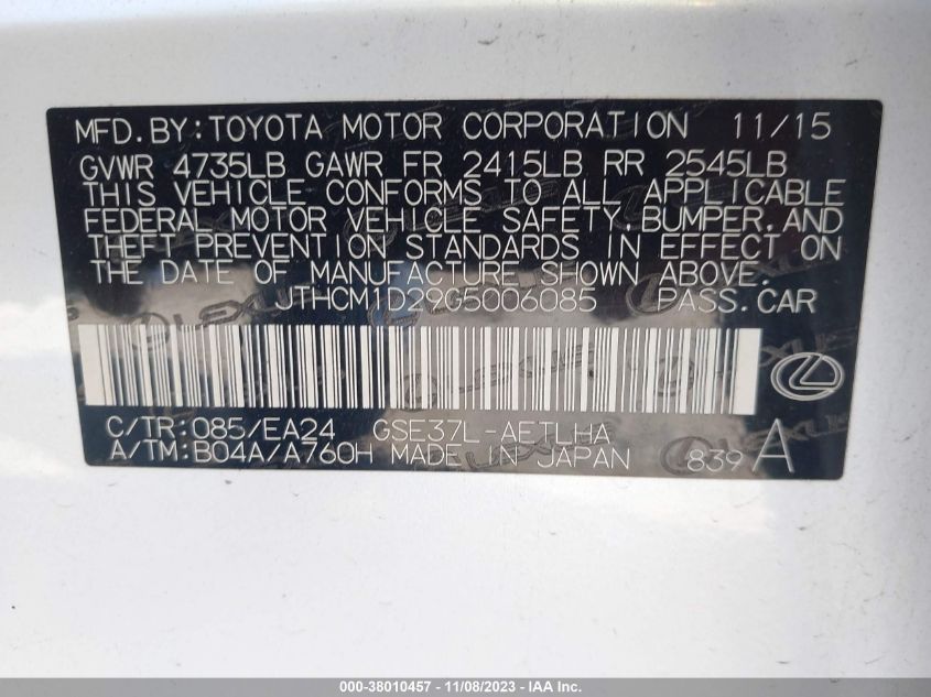 2016 LEXUS IS 300 300 - JTHCM1D29G5006085