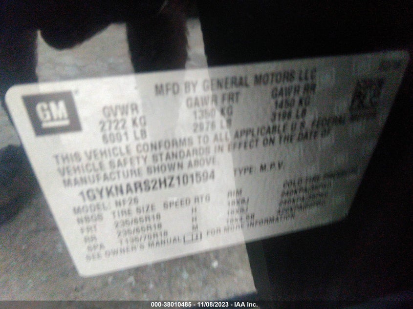 VIN 1GYKNARS2HZ101594 2017 CADILLAC XT5
