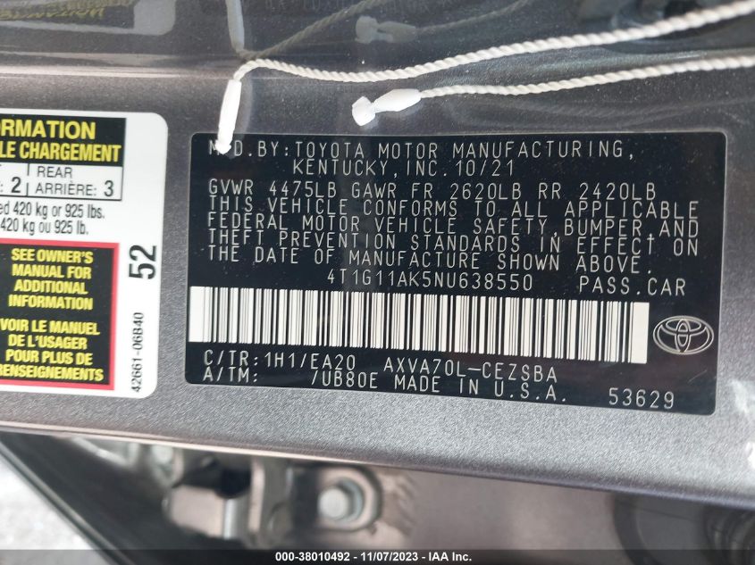 2022 TOYOTA CAMRY SE/SE NIGHT SHADE - 4T1G11AK5NU638550