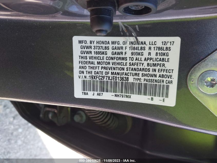 2018 HONDA CIVIC EX - 19XFC2F7XJE013638