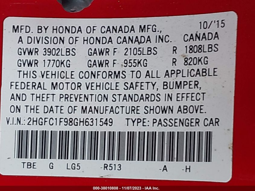2016 HONDA CIVIC TOURING - 2HGFC1F98GH631549