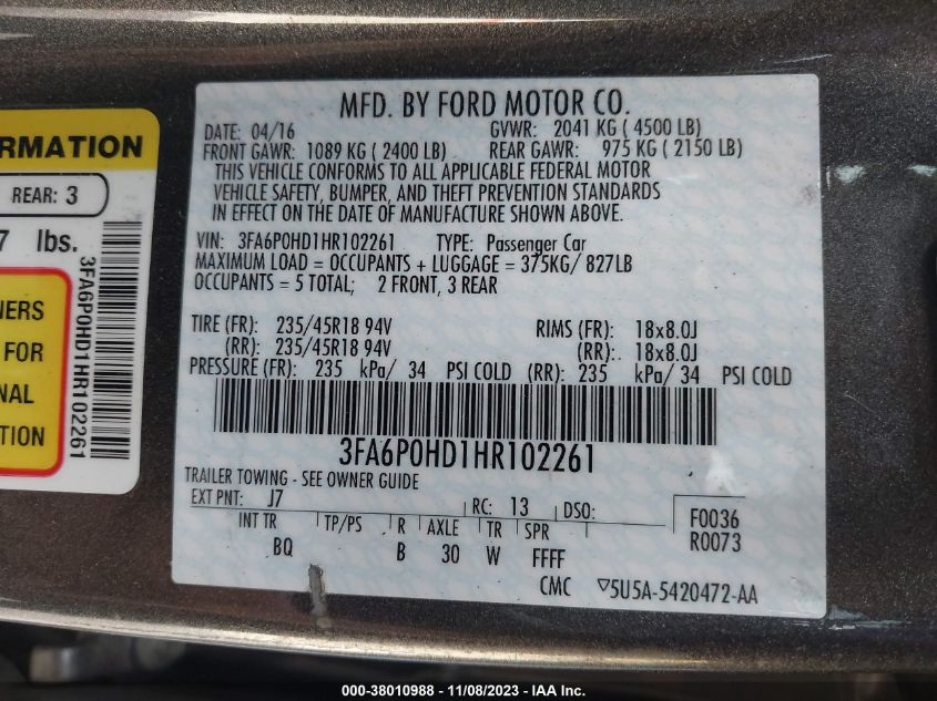 2017 FORD FUSION SE - 3FA6P0HD1HR102261