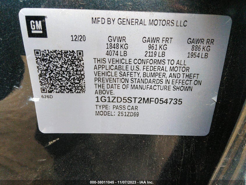 VIN 1G1ZD5ST2MF054735 2021 CHEVROLET MALIBU LT