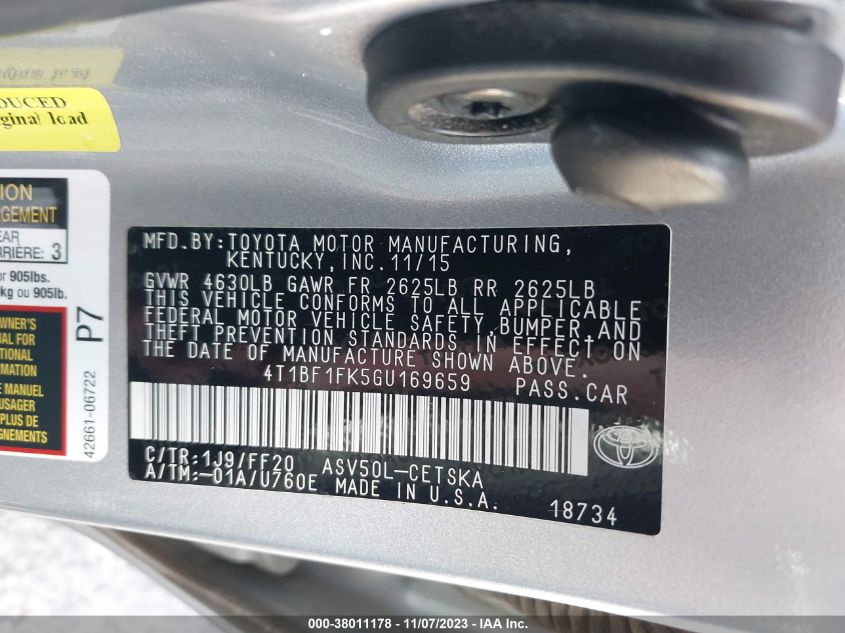 2016 TOYOTA CAMRY LE/SE/XLE/XSE - 4T1BF1FK5GU169659