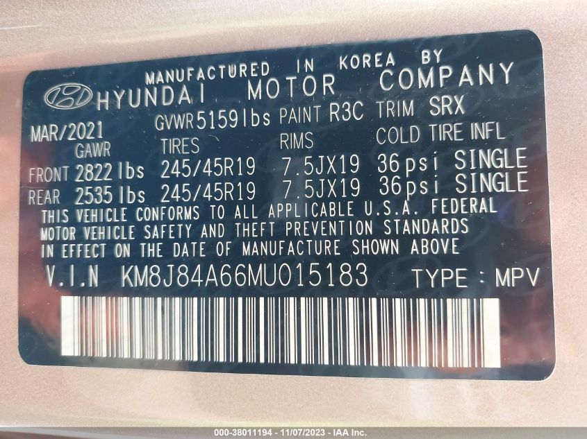 2021 HYUNDAI NEXO LIMITED - KM8J84A66MU015183