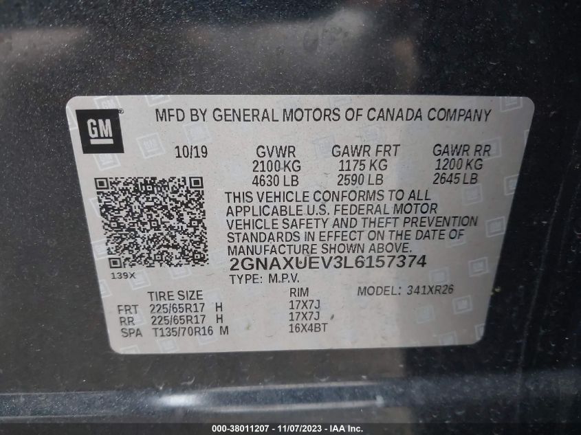 2020 CHEVROLET EQUINOX LT - 2GNAXUEV3L6157374