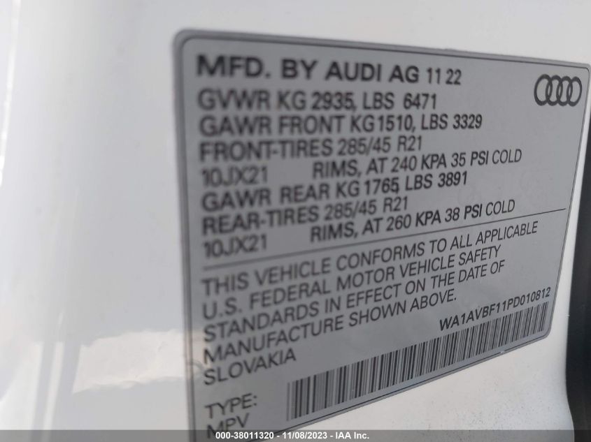 2023 AUDI Q8 PREMIUM 55 TFSI QUATTRO TIPTRONIC WA1AVBF11PD010812