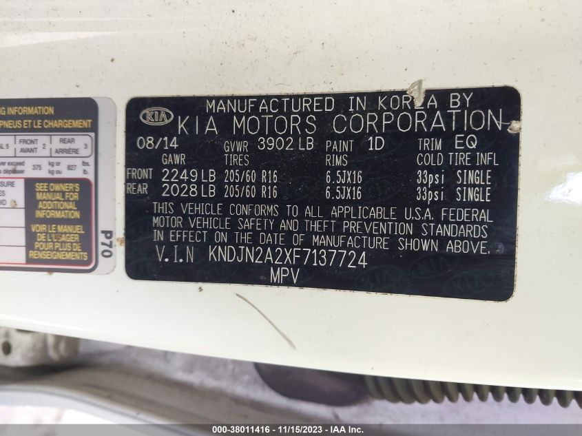2015 KIA SOUL BASE - KNDJN2A2XF7137724