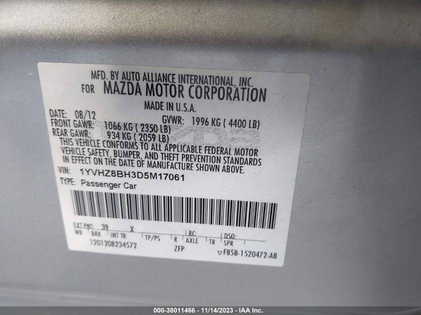 2013 MAZDA MAZDA6 I SPORT - 1YVHZ8BH3D5M17061